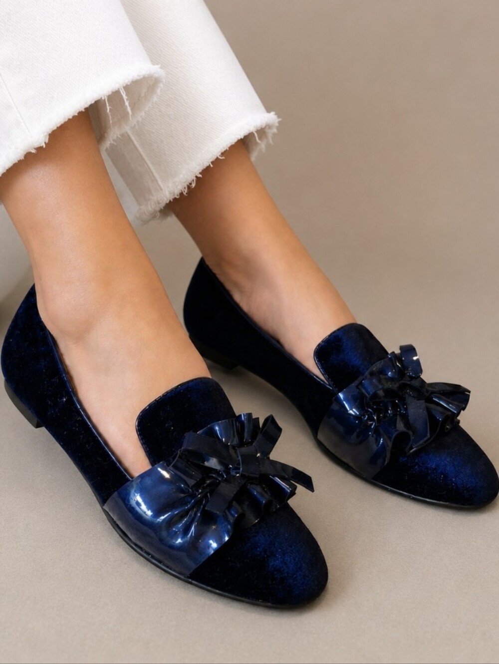 VanEli Velvet Flats Navy Blue Patent Leather Bows Dressy Slip-On Shoes Size 10